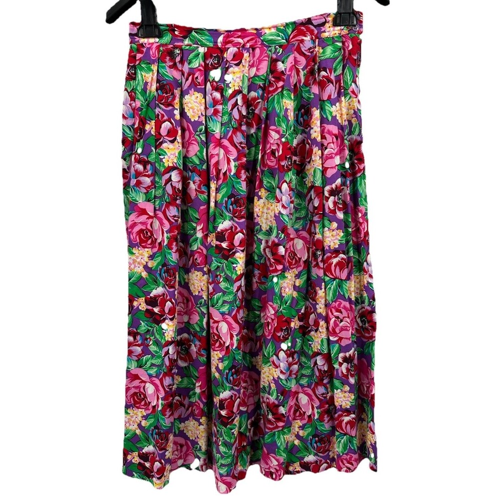 Vintage Maxi Skirt Sz 8 tagged 14 Floral Pleated A-Line  Red Multi Colorful 90s
